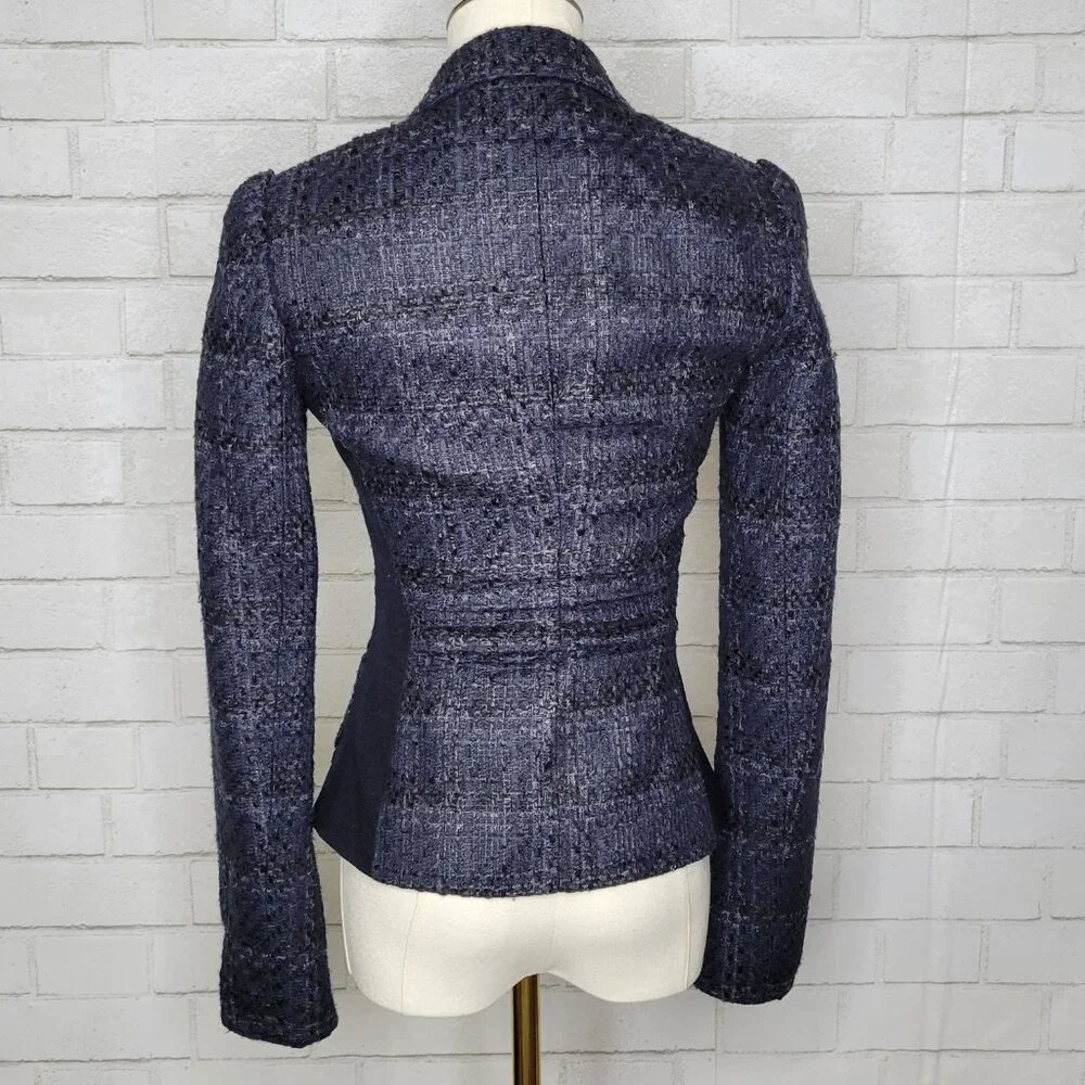 Elie Tahari Tweed Boucle Blazer Jacket Navy Black Silver 0 - Picture 2 of 3
